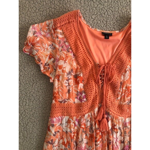 Torrid Women’s Size 0 (12 Large) Floral Maxi Dress Orange Pink Boho Crochet Trim - Picture 11 of 16